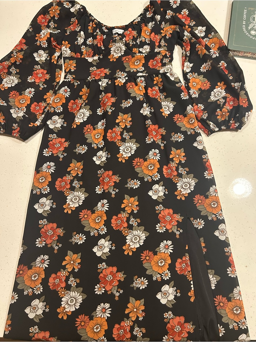 Black Floral Midi Dress with Orange & Cream